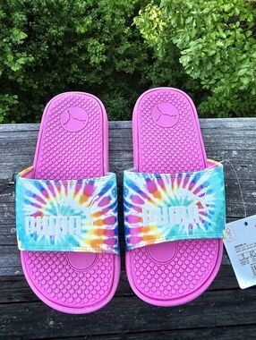 Puma Cool Cat Tie Dye Slides Pink Girls Junior Size 4C NWT
